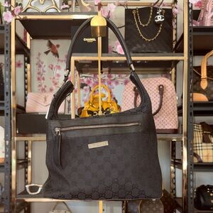 Gucci Black Denim GG Canvas Shoulder Bag with Silver Hardware